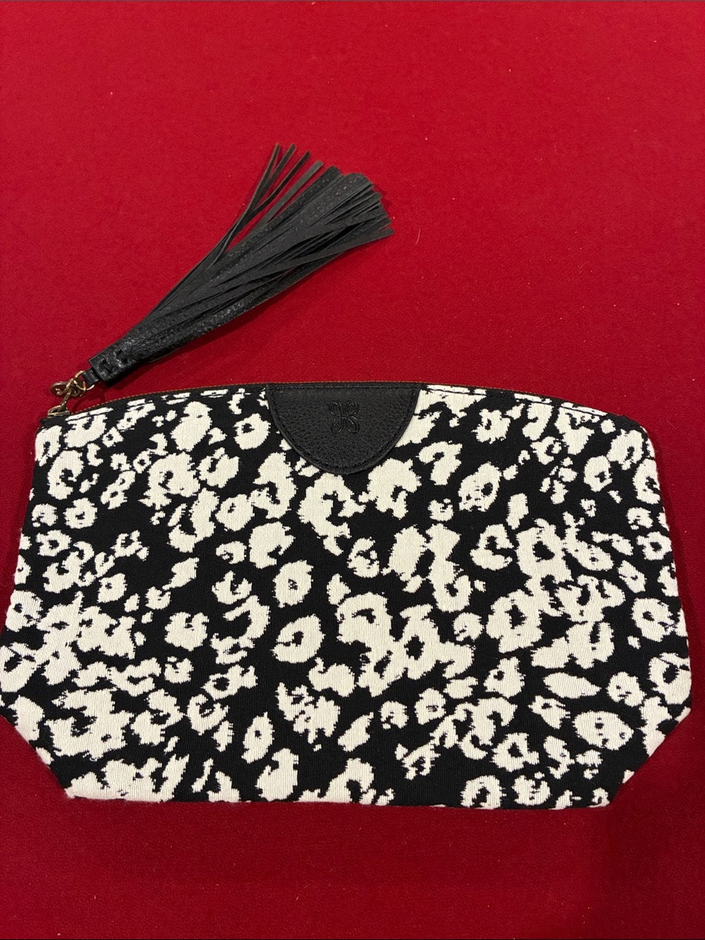 HOBO Black and White Leopard-Print Wristlet Clutch with Tassel